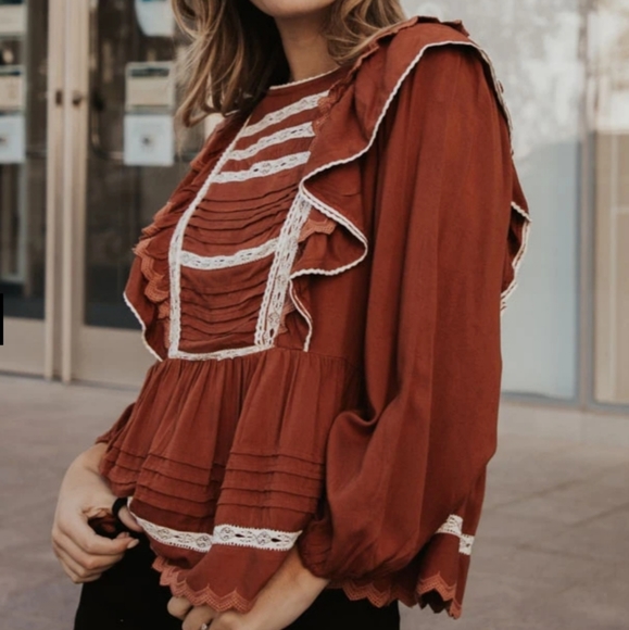 Boho Rust Ruffle and Lace Blouse - Picture 1 of 7